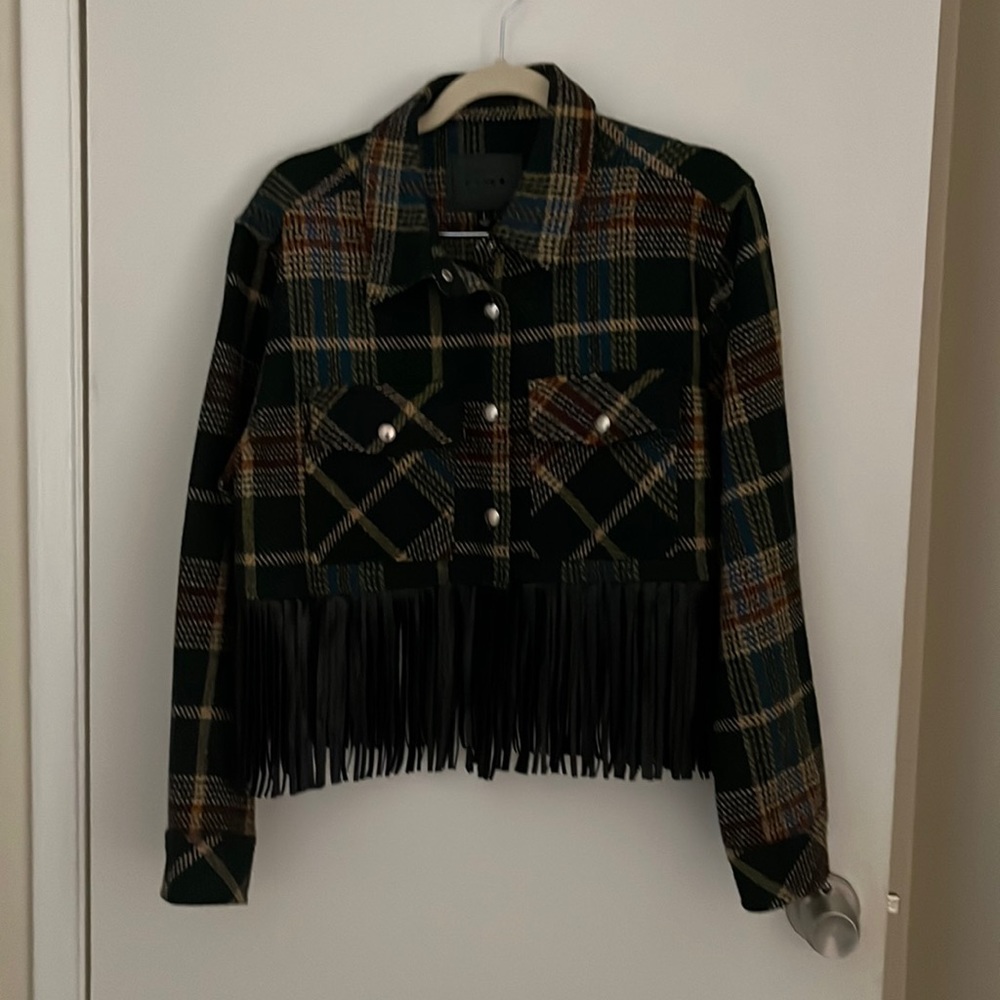 Blank NYC Plaid Jacket with Faux Leather Fringe